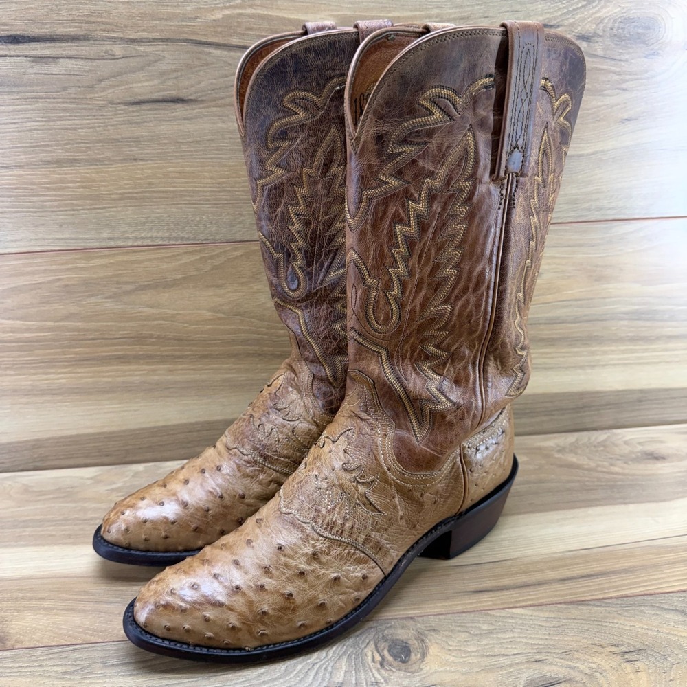 Lucchese Vintage Ostrich Exotic Inlay Mens Cowboy Boots 9 D Beige Tan Western
